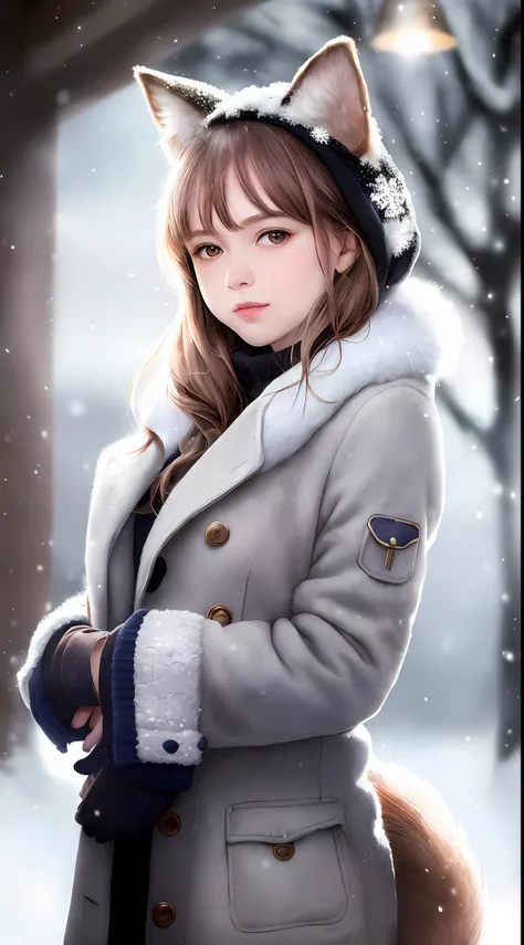 (raw photo:1.2), (photorealistic:1.4), (best quality:1.4), (ultra highres:1.2), (highly detailed:1.3), (HDR:1.2), (cinematic lighting:1.3), (detailed eyes), (facial details), (fur details), (snowy:1.2). ), Cute little fox, standing, (3/4 body portrait: 1.2...