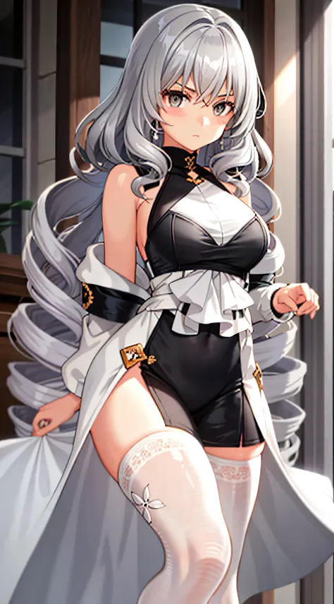 gray hair，gray eye，curlies，serious，18-year-old girl，white tights，flatchest，poor milk