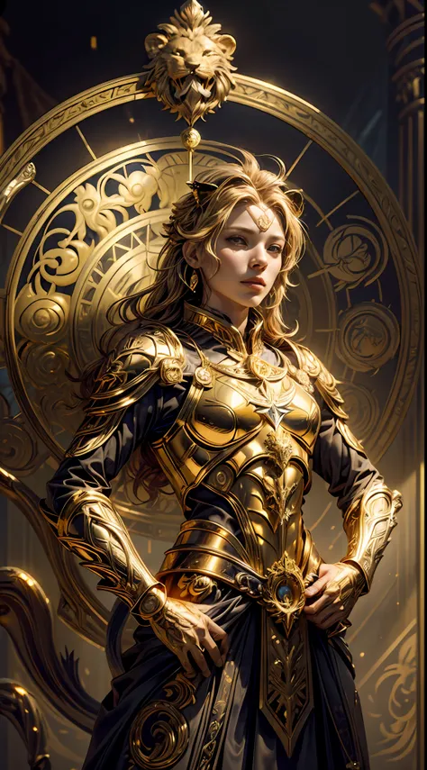 (magical golden leo astrolabe:1.2)，（anatomy correct:1.5），solo，1 female warrior wearing lion-patterned armor，（helmet in the shape...