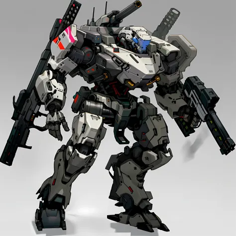 , hyper HD,(Best quality:1.2, Masterpiece), arma, robot, Mecha, Science fiction, holding weapon, Solo, Gun, No Man, holding gun, Holding, greybackground, standing, (Simple background:1.1), Gradient background,jj