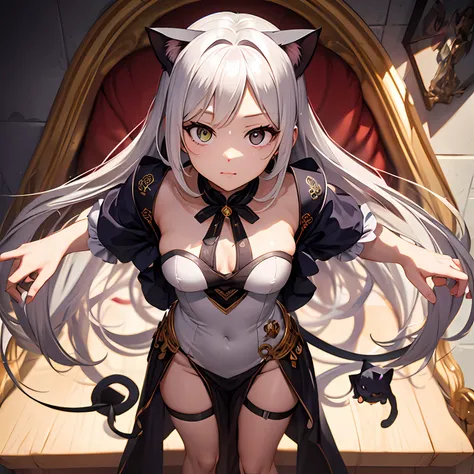 --2d anime --Anime --Primeiro trabalho --anime premiado, --Garota elfa (((--Heterocromia))) --Long white hair --Seductive standing pose --Small breasts --Small ass --Style "Loli" --(((cat face))), --Detailed digital art --High quality 8K --Detailed Artgerm...