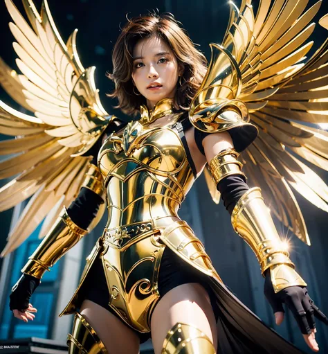 Ultra-high saturation（tmasterpiece）， fully body photo，（best qualtiy）， （1girll），super wide shot， sface focus， Wearing shiny gold armor， Sexy lingerie type armor，Expose your chest，Expose the waistline，Exposing thighs，cool-pose， Saint Seiya Armor， messy  hair...