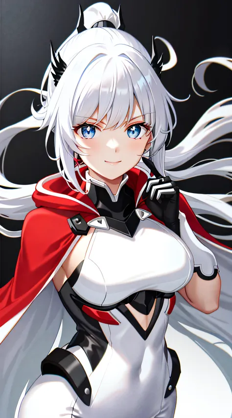 white color hair，high ponytail，tightsuit，red cape，blue color eyes，ssmile，black hair ornament，black glove