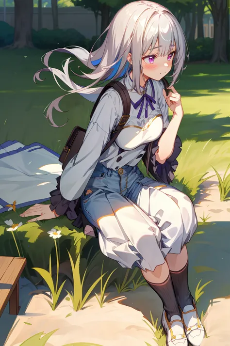 Amelia:2.0,Super meticulous,Unity 8k壁纸,Fashion denim shorts,White T-shirt,canvas shoe,backpacks,Lunette de soleil,Volumetriclighting,Best shadow,shallowdepthoffield,Enjoy the scenery,Shut your mouth, Light blush eye shadow, longer sleeves, Big breasts Thin...