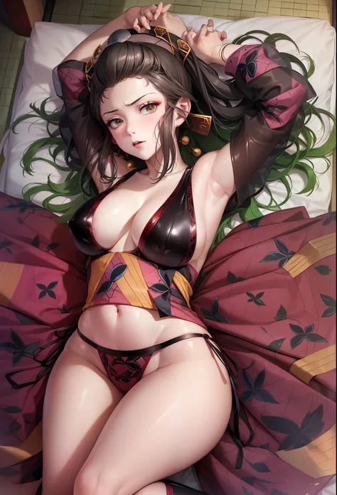 huge breasts,on back,(open legs wide:1.8),beautifully shaped breasts,cleavage,(kimono),(black panty),daki hairstyle,(nipple:1.1)...