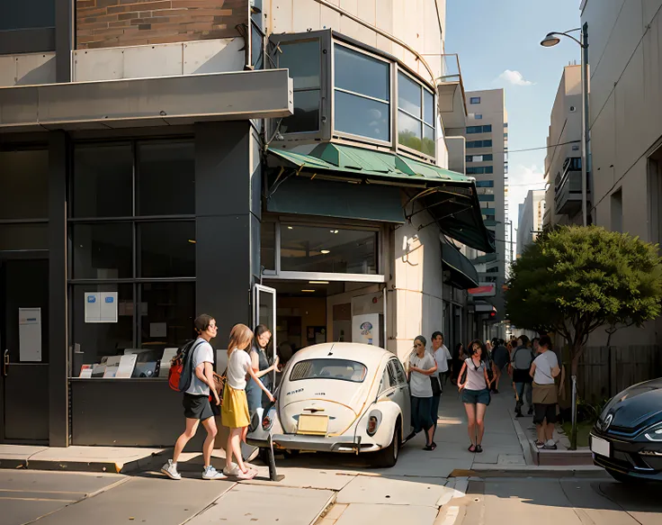 --Volkswagen Beetle cars entering a pharmacy building at an avenue intersection with people outside, foto realista de acidente de carro,anime, obra prima, obra prima do anime, estilo anime,anime 2d,hand-drawn anime