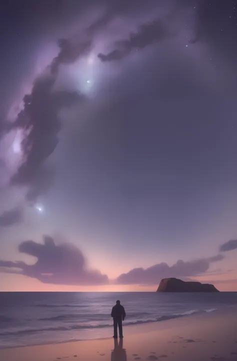 Starry sky with a man standing on the beach looking at the sea, Atmospheric fantasy sky, sunny rainbow galaxy stormy sea, galaxy in the sky, the night sky is a sea, Dramatic space skies, interstellar stormy bright sky, Starry Sky 8 K, alien planet in the sky faraway, dramatic nebula sky, moonlit starry sky environment, Magic portal in the sky