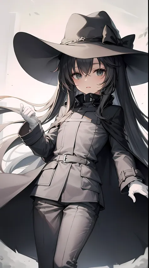 anime girl in hat and coat，wearing black clothes and cape,white gloves，