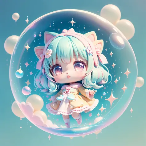 chibi looking up, bubbles around, kawaiitech, kawaii, cute, pastel colors, best quality, happy