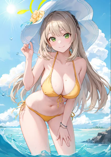 anime girl in a bikini and hat standing in the ocean, seductive anime girls, highest rated on pisif, pisif, at pixiv, swimsuit, ...