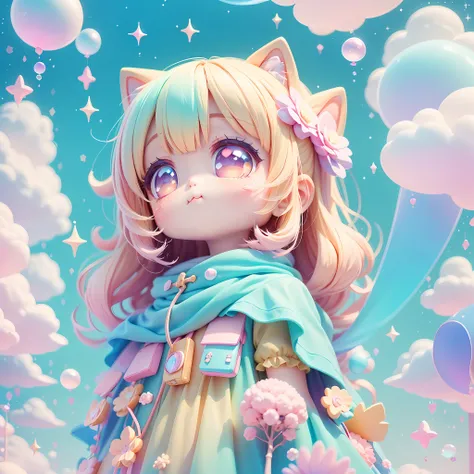 chibi looking up, leaning, bubbles around, kawaiitech, kawaii, cute, pastel colors, best quality, happy
