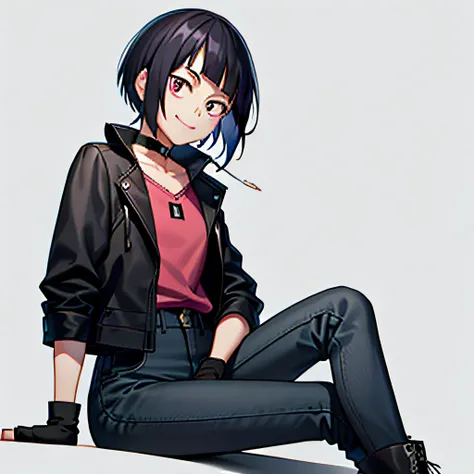 kyoka jiro, 1girl, solo, looking at viewer, smile, short hair, bangs, simple background, shirt, black hair, gloves, long sleeves, sitting, jacket, boots, open clothes, choker, pants, white gloves, blunt bangs, fingerless gloves, grey background, open jacke...