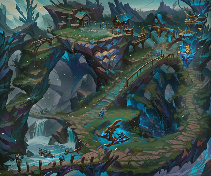 River game map close-up, style of league of legends, League of Legends concept art, wild rift, League of Legends style, Riot game concept art, from league of legends, League of Legends, riot games, style league of legends, league of legend, Splash Art, bac...