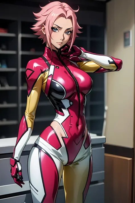 one girl in a latex anime posing for a photo, pastelcolors,  beautiful anime girl, ecchi anime style,