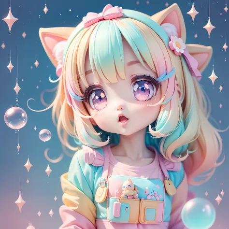 chibi looking up, leaning, bubbles around, kawaiitech, kawaii, cute, pastel colors, best quality, happy, long sleeves