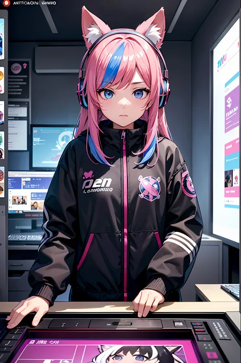 a gamer girl hosting live genshin broadcasts,
the photo shows a young girl, ( with rainbow hair), (headphones with kitty ears), ...