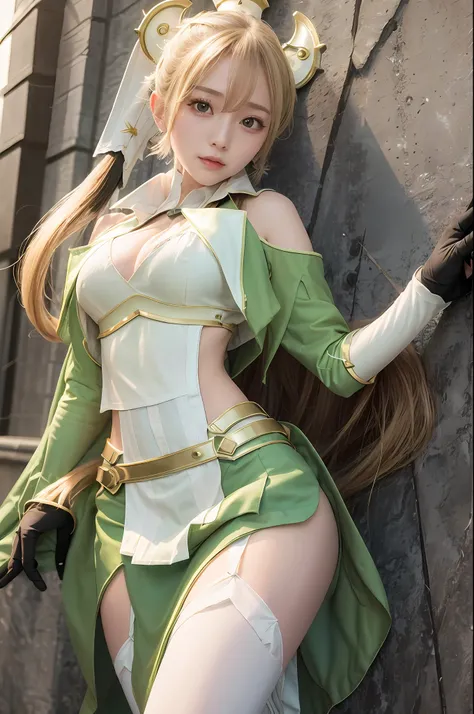 masterpiece, best quality, highres, 1girl leafa ponytail, breastplate detached sleeves green skirt white thighhighs hip vent standing