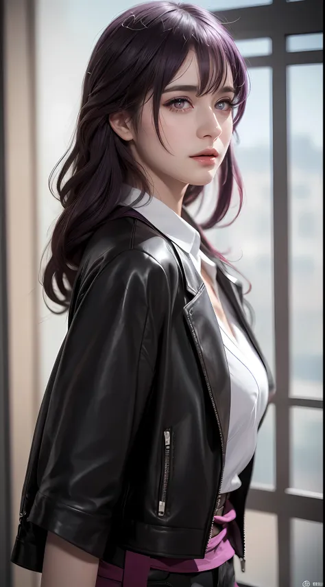 (photorealistic:1.4), raw photo, 1girl, purple eyes, purple hair, (eyewear on head), stellaron hunters outfit,  black jacket, ja...