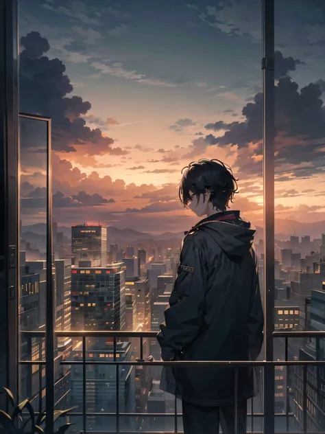 ，masterpiece, best quality，8k, ultra highres，at dusk at golden hour，the protagonist stands alone on the balcony of a tall buildi...