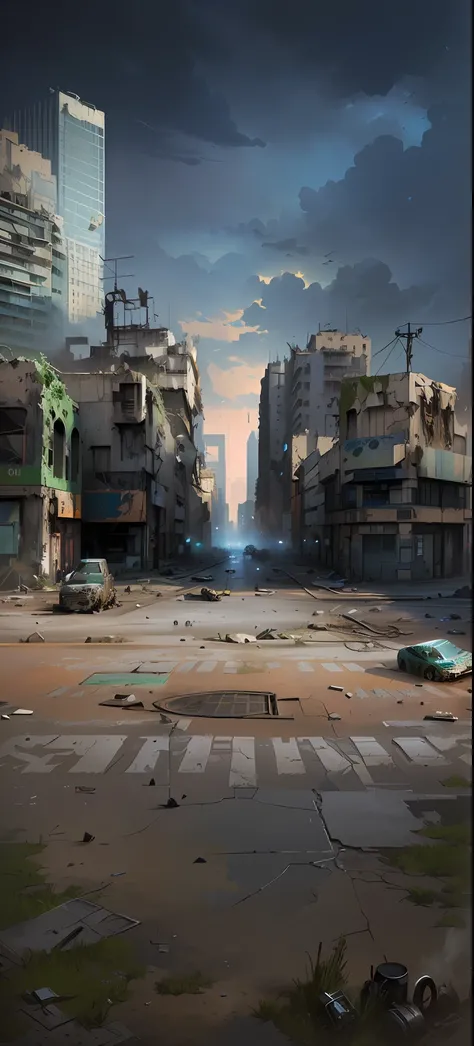 An abandoned square that smells of wasteland, Doomsday European and American City Square,In the center of the square is a huge statue,The building is dilapidated,Doomsday wasteland style,inspired by Ismail Inceoglu, Ismail Inceoglu, dramatic concept art, c...