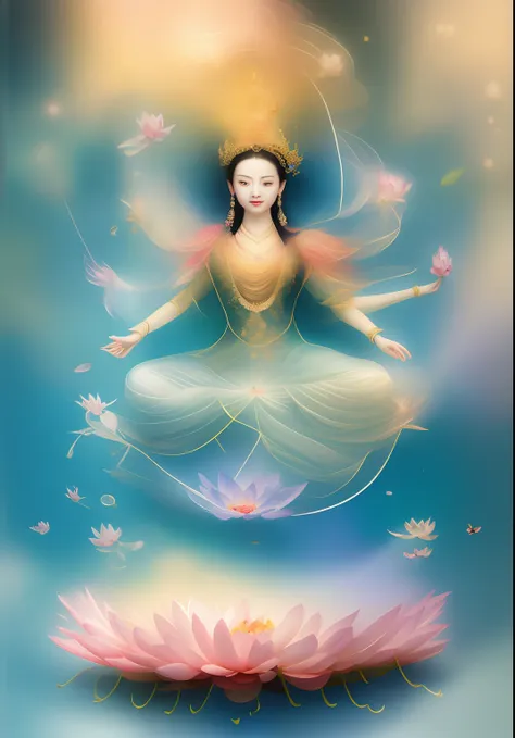 tmasterpiece，超高分辨率，the beauty has six arms，each arm holds a magic weapon，wear a light blue dress，the skin is delicate and white，...