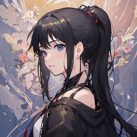 (masterpiece), (best quality), (super detail),(illustration), 1 woman, black hair, ponytail hair, black clothing, by yoshihiro t...