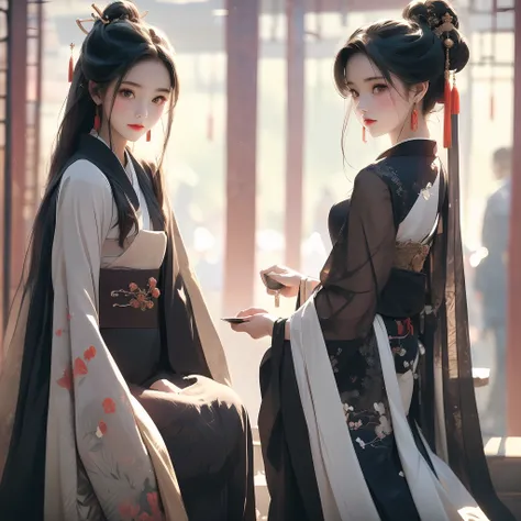 Girl dressed in rich black and white contrasting colors, Natural harmony in the scene, Black hair, flowing silk, Simple and clear colors, Top verbose, Chinese style,Sit in the pavilion, Good-looking Hanfu