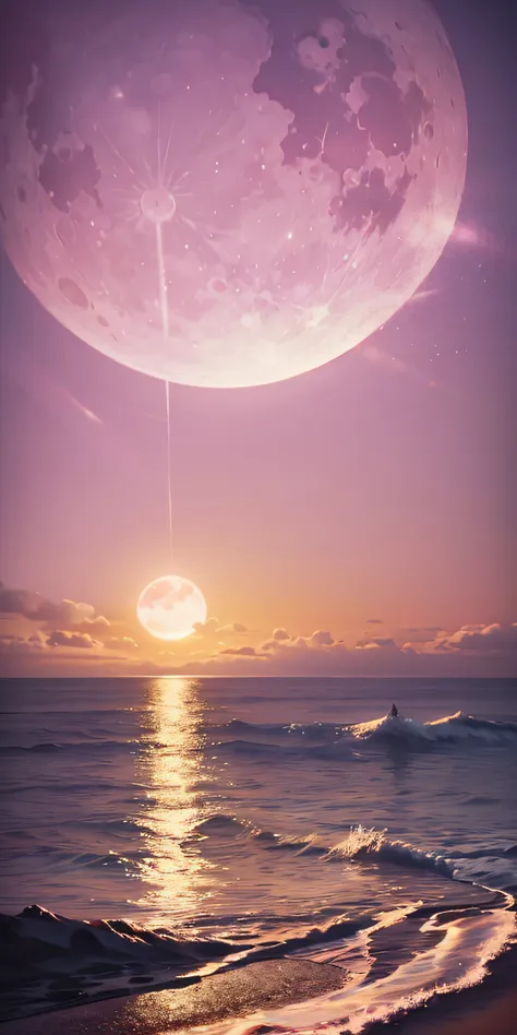 pink moon, pink sky, pastel pink clouds, pink waves sparkling, sparkling, pink roses on pink ocean, fantasy, soft lighting, ultr...