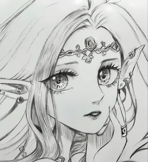 add color to the sketch art，portrait of princess zelda, elf princess, portrait of an elf queen, portrait of an elf, elf girl, fa...