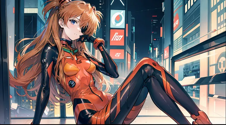 ((masterpiece,best quality, detailed)), full body, night, cityscape, souryuu asuka langley, interface headset, multicolored bodysuit, eyepatch