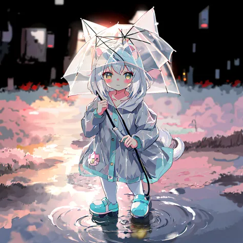 anime girl standing in a puddle，wearing a raincoat and holding an umbrella, cute anime catgirl, lovely art style, cute!! tchibi!...