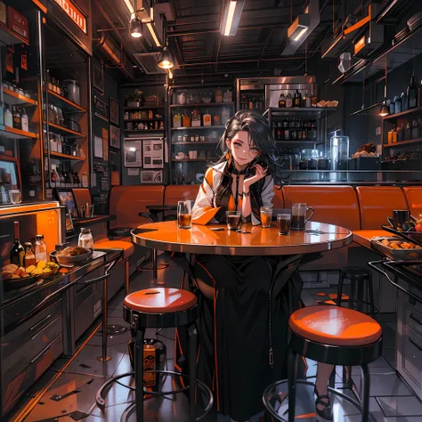 Best quality,tmasterpiece,Ultra-high resolution fills the picture,Indoor at night,Cafe in the sky,Orange color scheme for the café,There was coffee and wine,the night,inside in room,Coffee machine,Coffee lockers,Orange neon color scheme,Silver-white hair,B...