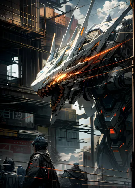 Sky, Clouds, holding_weapon, no_humans, Glow, Robot, Architecture, glowing_eyes, Mecha, Science Fiction, City, Reality, Mecha, Dragon