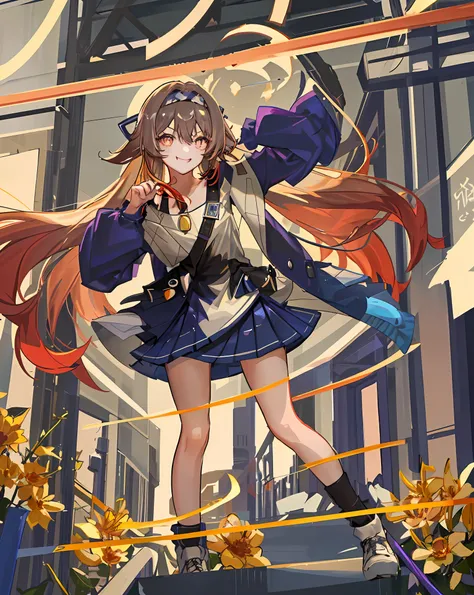 (((tmasterpiece:1.5,best qualtiy,A high resolution:1.3,Hyper-Resolution,super detailing,Hyper-detailing:1.3,Rich background:1.2))),1girll,独奏,Green eyes,Long blonde hair with blue ribbon,bluntbangs,cute hairpin,校服,White Serafou,Red sailor collar,short- slee...