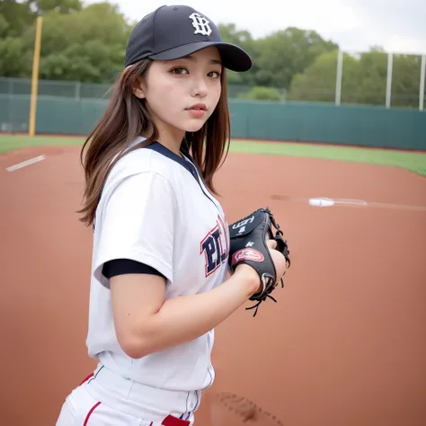 ((Ultra-high-quality photos)),((Smooth and delicate images)),((18 year old beautiful girl))、((Girl playing baseball)),The location is a baseball field、((Girl wears a baseball uniform)),((Looking here))、((No Underwear)),Colossal tits
