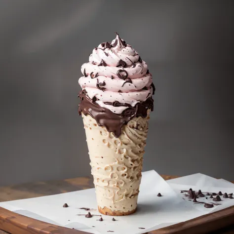 foto raw, helado alto en ((cono)), vainilla, chocolate, fresaa,foodphoto, dslr, soft lighting, alta calidad, film grain, fujifil...