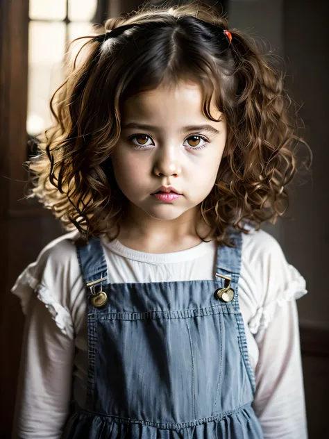 (modelshoot style), sad homeless little girl ((wearing shabby clothes)), (shy), 1girl, solo, brown curly messy hair, very delica...