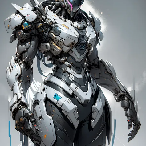 "1 female character inside a massive, robust silver chrome intricate exoskeleton robot, adorned in (bulky) silver (chrome) and black intricate armor, creating a powerful mecha aesthetic. The artwork features an emphasis on ink-style detailing, clean lines,...