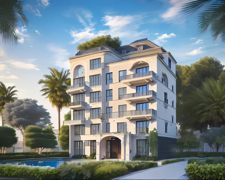French style villa, Gray-blue roof, Garden in front of the door, (A small number of plants:1.1),Sunnyday, (Real Scene:1.5), hyper HD, Masterpiece, high qulity, (The picture is clean:1.5)8K