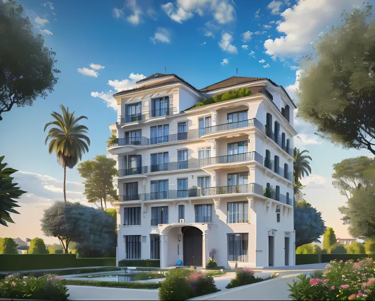 French style villa, Gray-blue roof, Garden in front of the door, (A small number of plants:1.5),Sunnyday, Real Scene, hyper HD, Masterpiece, high qulity, (The picture is clean:1.5)8K