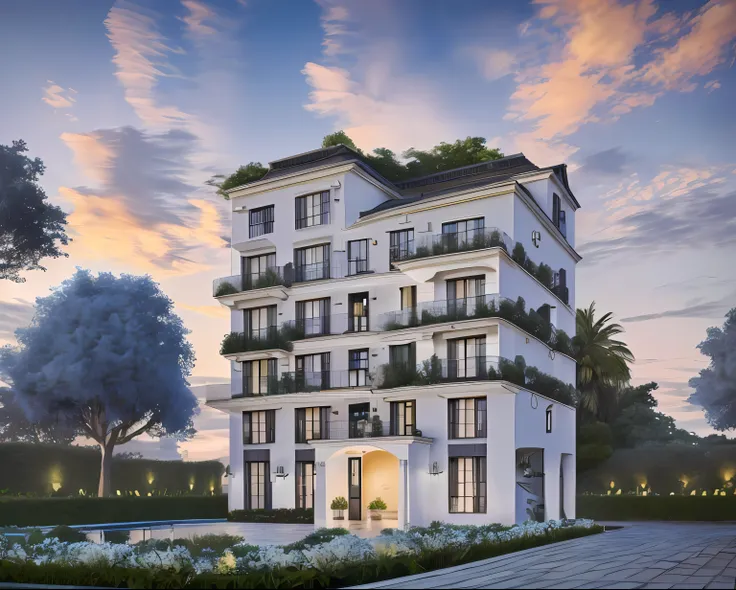 French style villa, Gray-blue roof, Garden in front of the door, (A small number of plants:1.1),Sunnyday, (Real Scene:1.5), hyper HD, Masterpiece, high qulity, (The picture is clean:1.5)8K