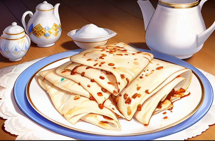 a plate of crepes with powdered sugar on top of it, ((masterpiece)),illustration,high detail, soft lighting, delicious, colorful...