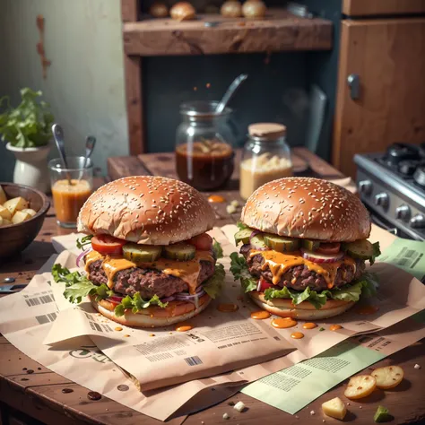 a burger on a countertop with potatoes