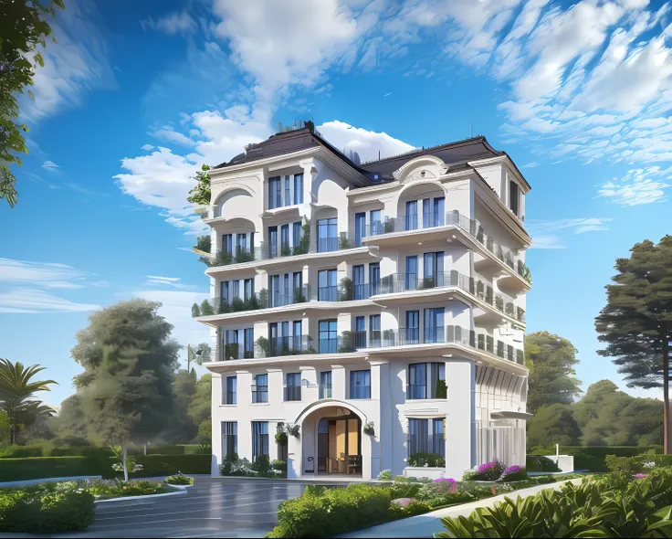 French style villa, Gray-blue roof, Garden in front of the door, A small number of plants,Sunnyday, Real Scene, hyper HD, Masterpiece, ccurate, High quality, High details, 8K