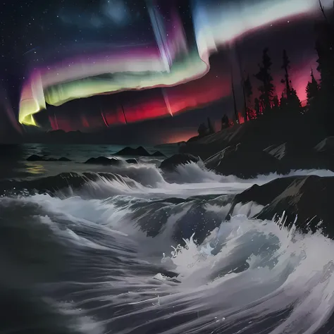 A storm,dark all round,Leaves flying,There are colored auroras on the clouds