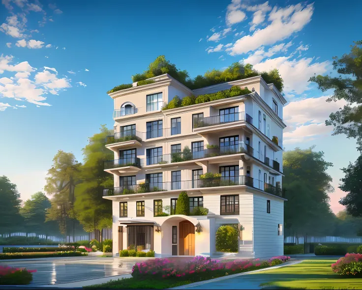 French style villa, Gray-blue roof, Garden in front of the door, (A small number of plants:1.1),Sunnyday, (Realiy:1.5), hyper HD, Masterpiece, high qulity, (The picture is clean:1.5)8K