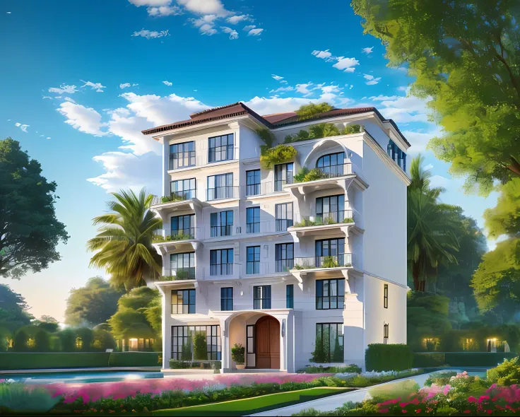 French style villa, Gray-blue roof, Garden in front of the door, (A small number of plants:1.1),Sunnyday, (Realiy:1.5), hyper HD, Masterpiece, high qulity, (The picture is clean:1.5)8K