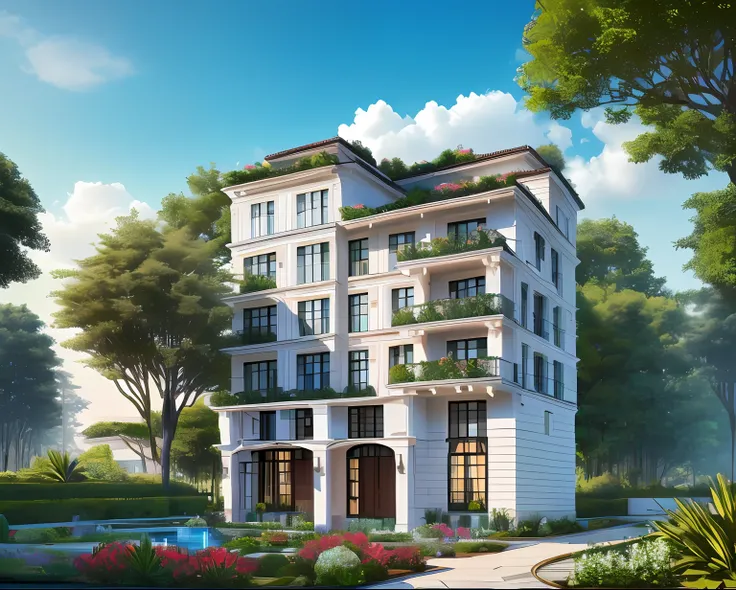 French style villa, Gray-blue roof, Garden in front of the door, (A small number of plants:1.1),Sunnyday, (Realiy:1.5), hyper HD, Masterpiece, high qulity, (The picture is clean:1.5)8K