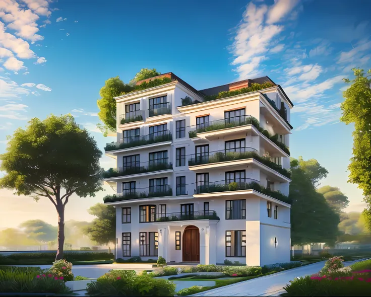 French style villa, Gray-blue roof, Garden in front of the door, (A small number of plants:1.1),Sunnyday, (Realiy:1.5), hyper HD, Masterpiece, high qulity, (The picture is clean:1.5)8K