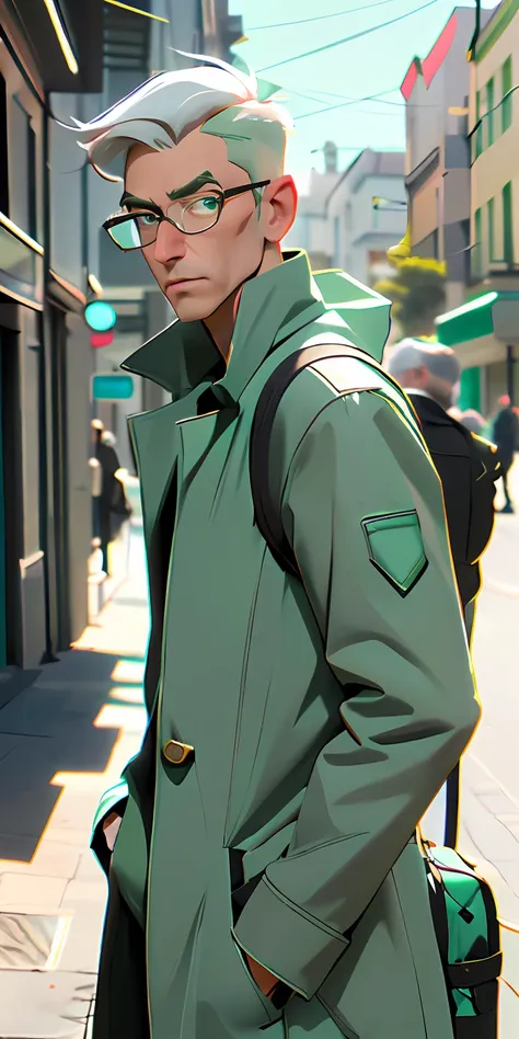 (character: one man, white hair, clean-shaven, slim body)
(clothing: mint green coat, glasses, explorer backpack)
(best quality,...